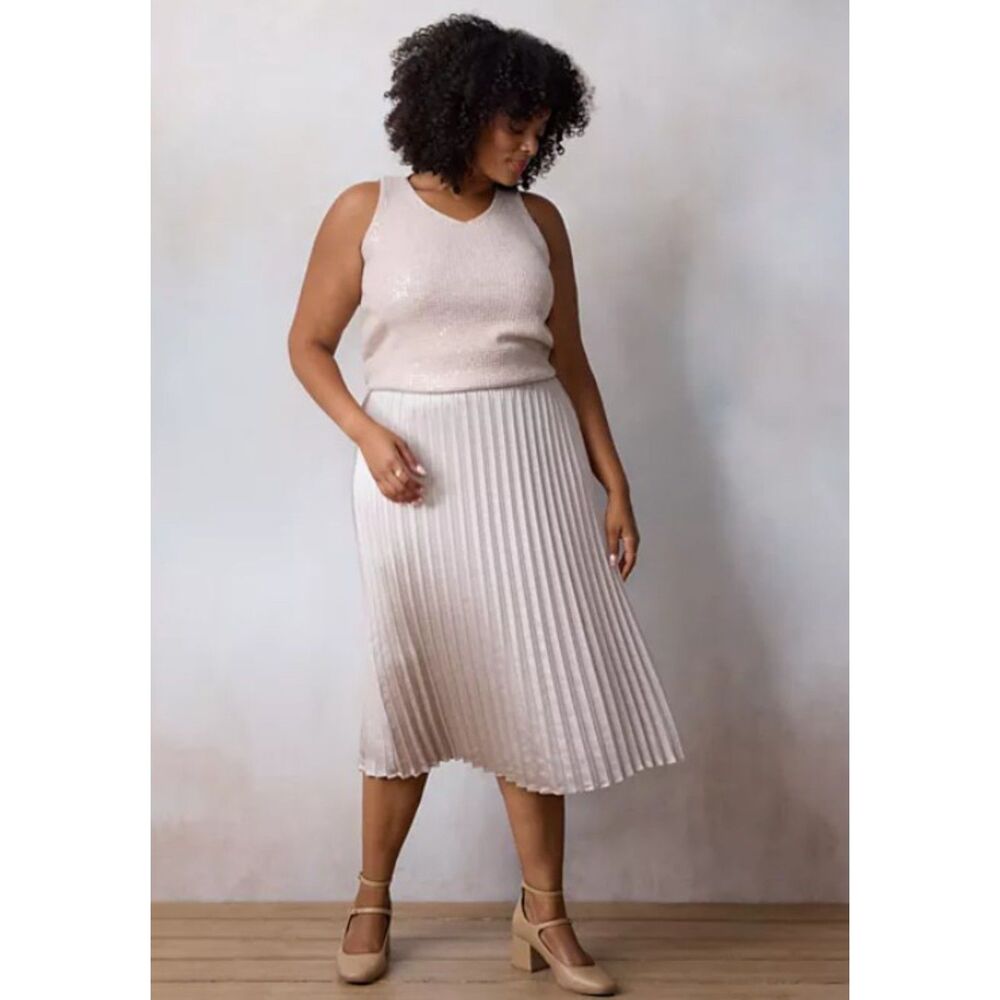 LC LAUREN CONRAD Silver Gray Plus Sz 2X Pull On Pleated Satin Midi Skirt NEW NWT